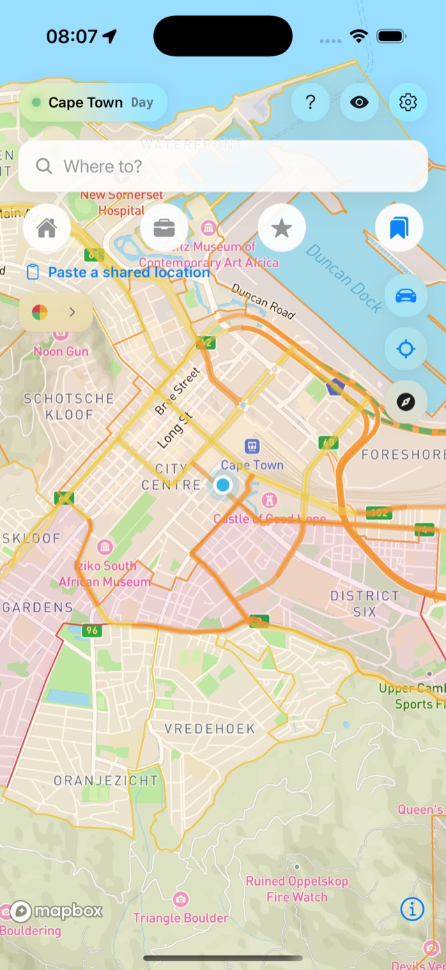 Tsamaya home screen over Cape Town with risk overlays around the city centre