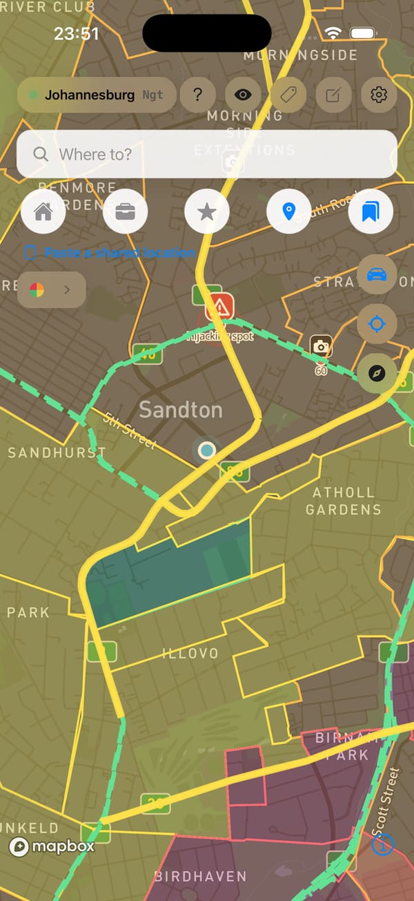 The Tsamaya app over Sandton, Johannesburg, with risk zones shaded on the live map, safe corridors in green, and a flagged hijacking hotspot