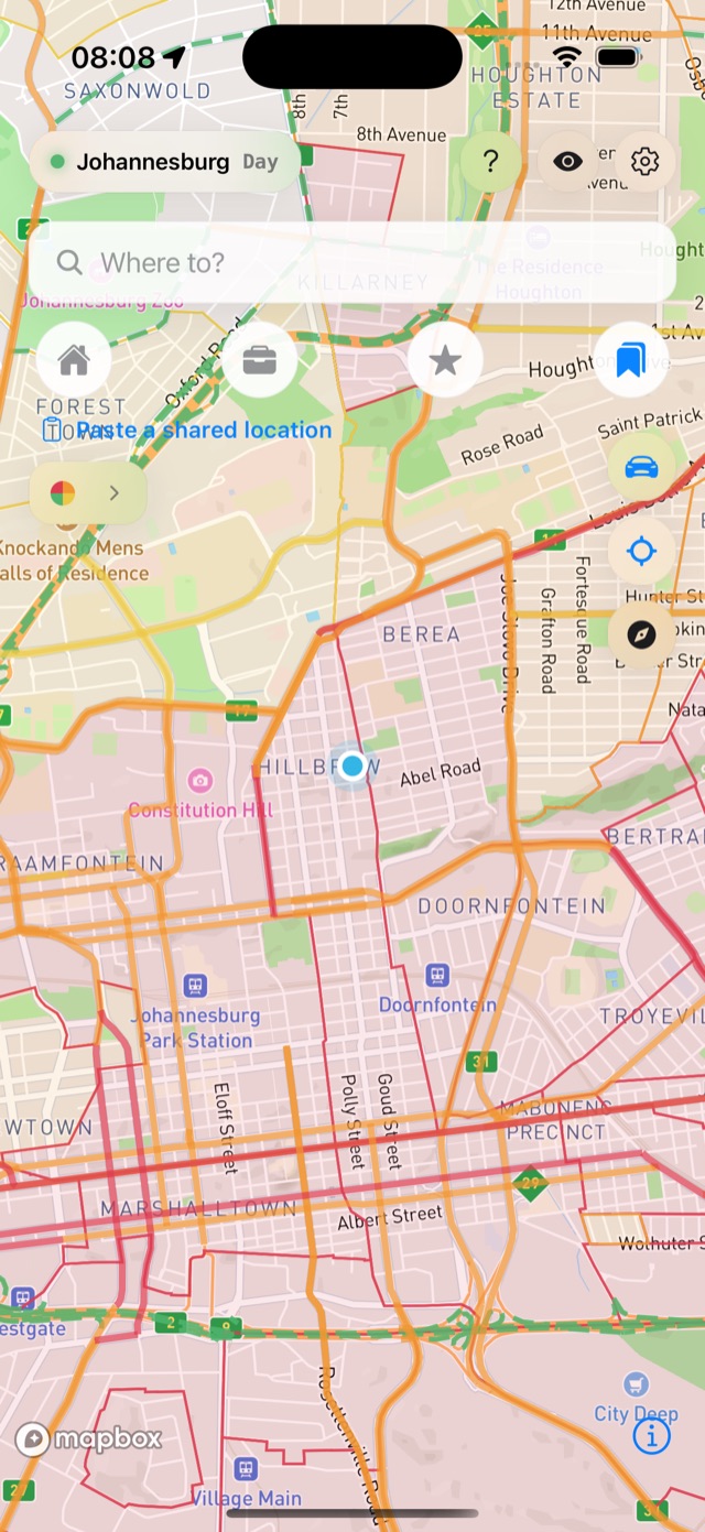 Tsamaya over the Johannesburg inner city showing dense high-risk overlays across Hillbrow and Berea